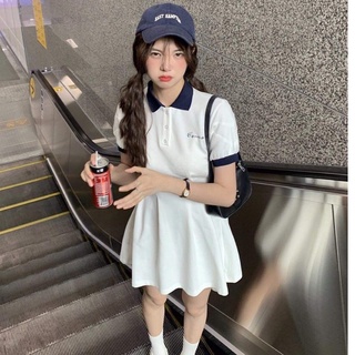Váy cosmo cổ polo ulzzang tiểu thư - Đầm liền form tenis trắng nữ