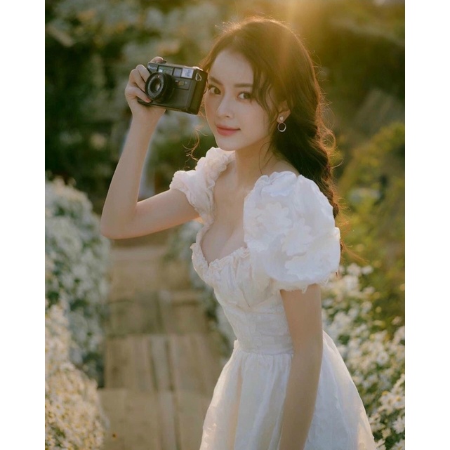 Đầm váy trắng tiểu thư bèo cổ tay phồng voan thêu cao cấp Elena