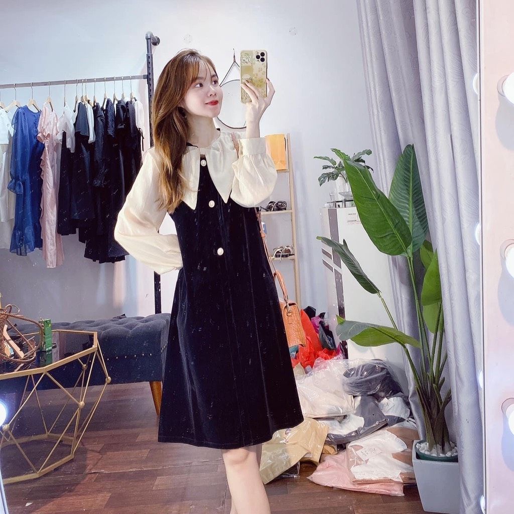 Váy bầu dài tay thời trang M434 chất nhung mềm mịn freesize từ 45 đến 70kg