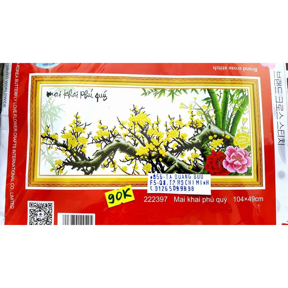 Tranh thêu HOA MAI ( mai khai phú quý) chưa thêu 222397 (1m04x49cm)