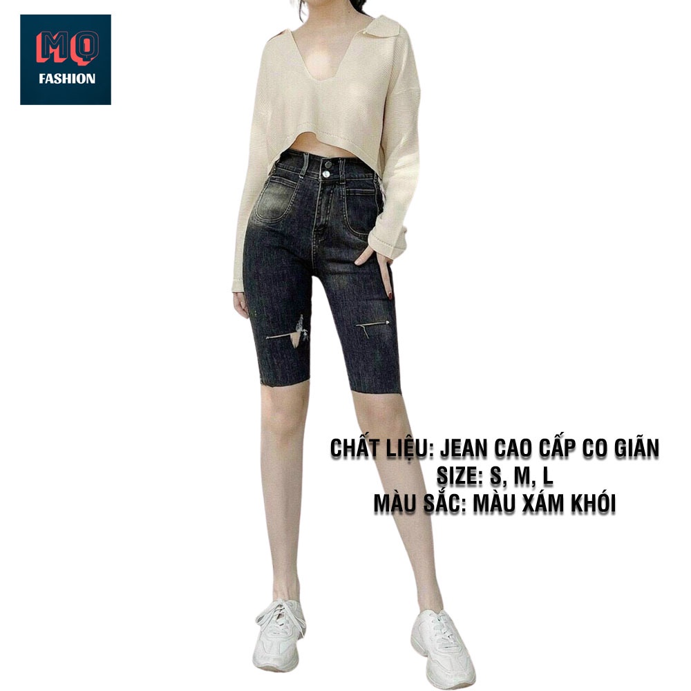 Quần ngố Nữ jean rách dáng ôm cạp cao 2 nút co giãn, túi tròn Xinh xắn, phối rách xước và cắt lai cá tính - New Hot Đẹp