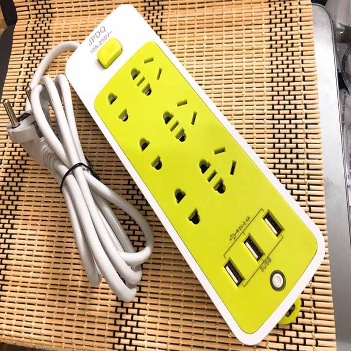 Ổ điện xanh đa năng sạc điện chống giật, Ổ cắm điện tích hợp 3 cổng usb dây dài 1m8 an toàn tiện lợi FERADO