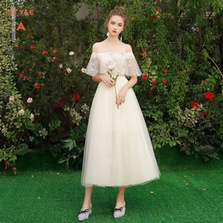 Váy Prom màu kem trễ vai