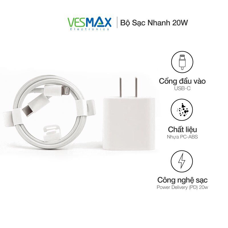 Bộ sạc nhanh iphone 20W [BH 12 THÁNG] Bộ sạc nhanh iphone 20W cáp sạc type C Lightning cho ip 12 ip 11 X 8 7 6 5