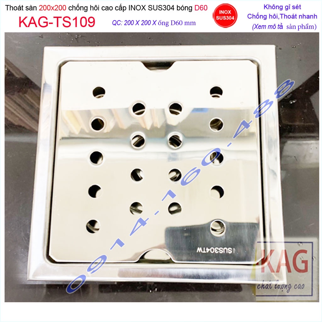 Phễu thoát sàn 20x20cm KAG-TS109-D60 Inox 304, thoát nước chống hôi nhà tắm mặt SUS304 dập khuôn D60 thoát nhanh