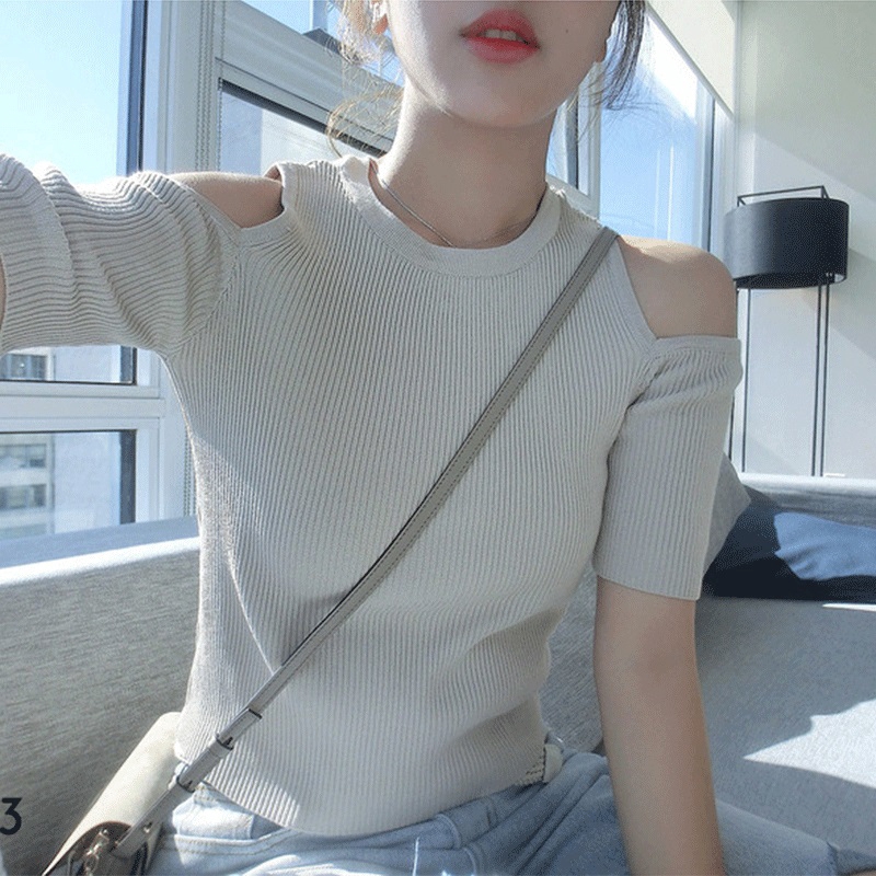 Áo dệt kim IELGY tay ngắn hở vai eo cao hợp thời trang