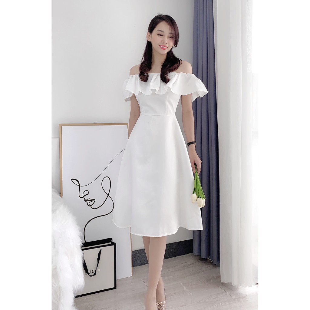 [ẢNH VIDEO THẬT] Đầm Tiểu Thư Cô Dâu, Xòe, bẹp vai, Khoe vai, Tafta, Trắng, Xanh | BigBuy360 - bigbuy360.vn