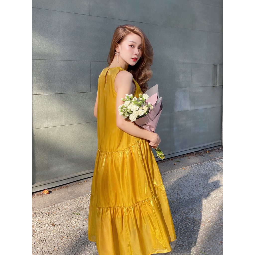 Đầm maxi tơ oganza nhũ ánh kim 2 lớp cao cấp