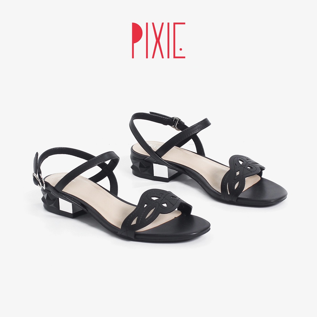 Giày Sandal 3cm Đế Vuông Quai Cutout Màu Đen Pixie X459