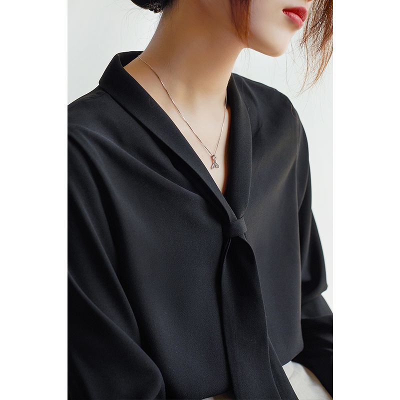 Áo Sơ Mi Chiffon Tay Dài Dáng Rộng Cổ Chữ V Màu Đen Thời Trang Dành Cho Nữ