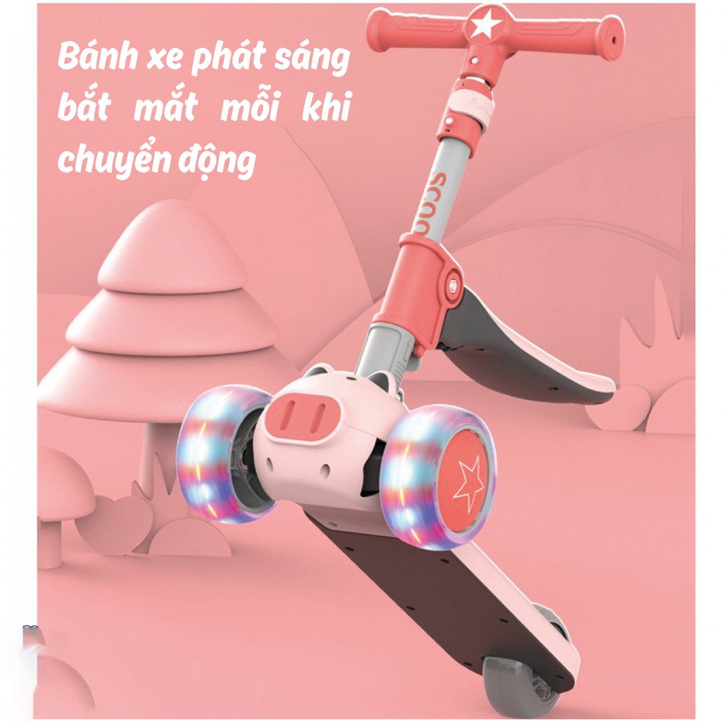 Xe scooter - xe chòi chân 2 trong 1 CAYABE Umoo bánh xe có đèn phát sáng màu hồng/ xanh