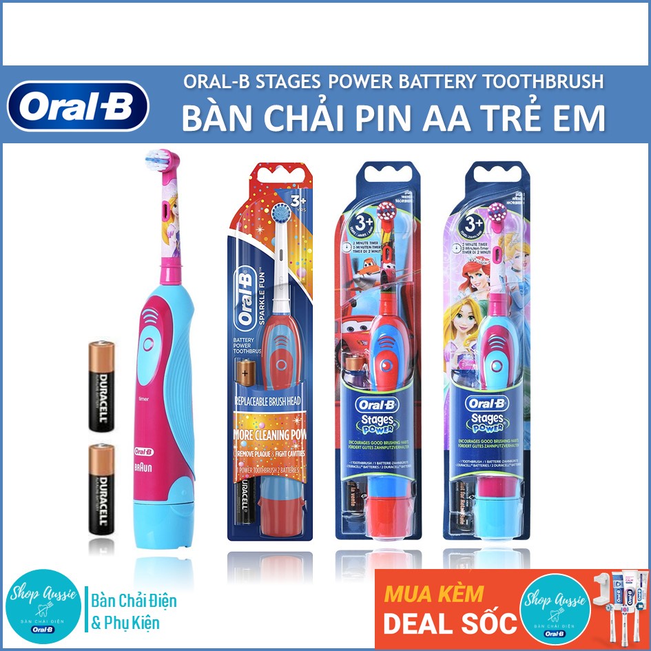 Bàn Chải Pin Cho Bé Oral-B Sparkle Fun &amp; Stages Power - Bàn Chải Điện Oral B Trẻ Em Từ 3+, Dùng Pin AA