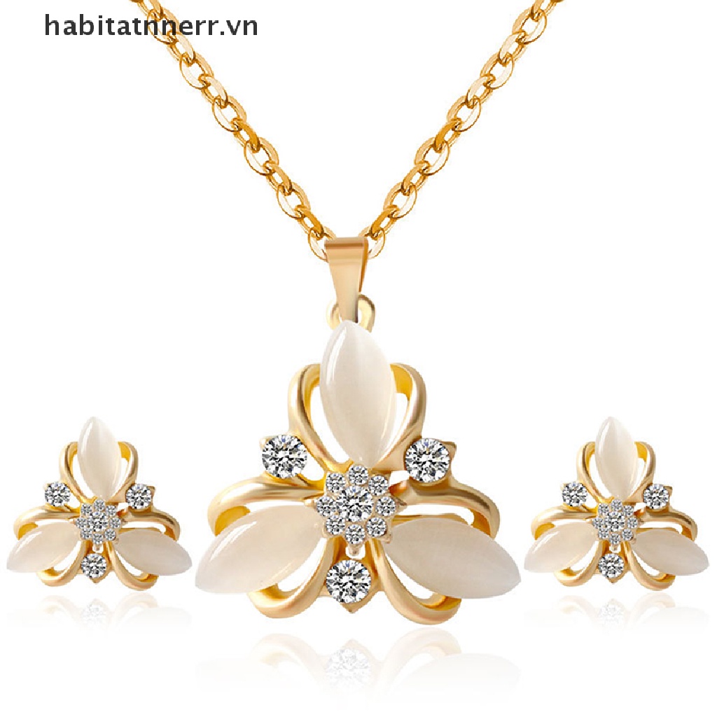 Bộ Vòng cổ + Bông Tai Hình Hoa Rỗng Đính Đá Opal Cho Nữ