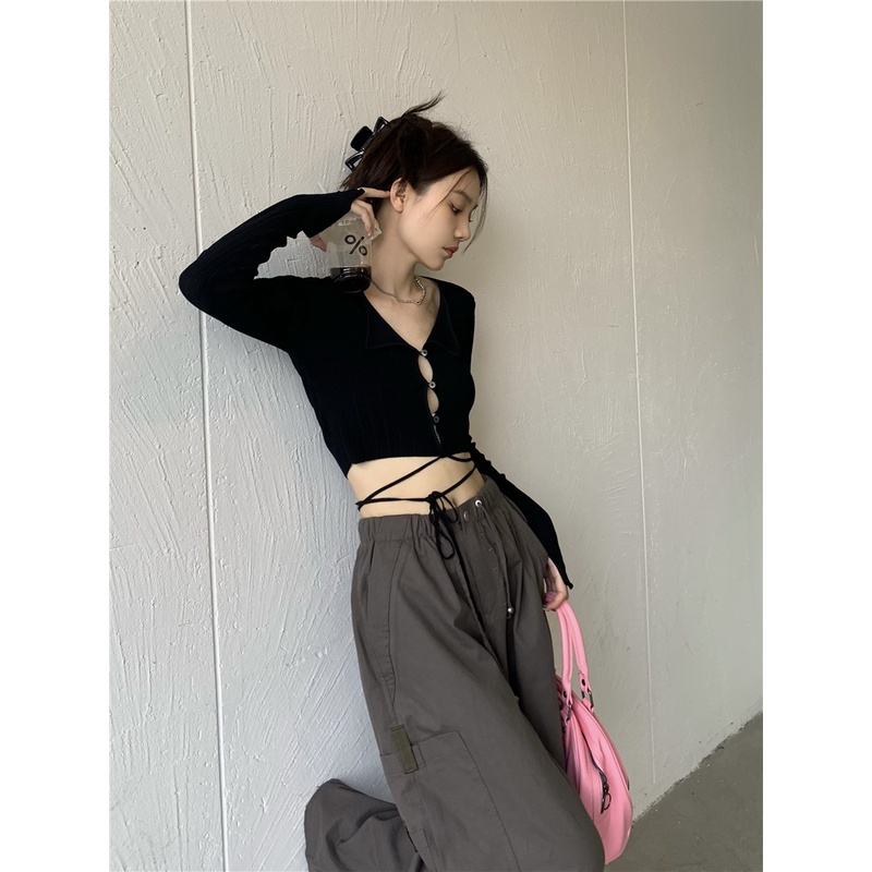 QADCOL  Áo Sweater Dệt Kim Tay Dài Dáng Ôm Cột Dây Trẻ Trung Quyến Rũ Dành Cho Nữ