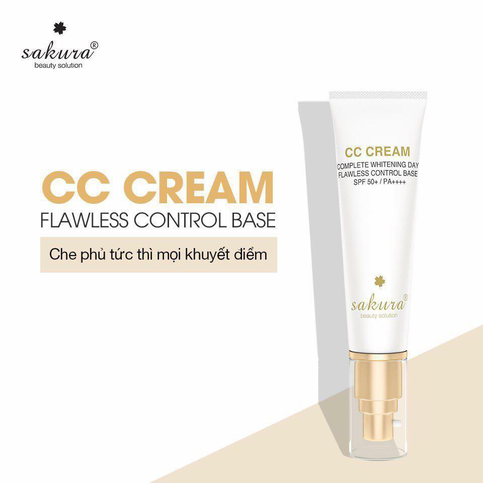 KEM TRANG ĐIỂM CHỐNG NẮNG THẦN THÁNH CC CREAM SAKURA WHITENING DAY FLAWLESS CONTROL BASE SPF50 SAKURA 40ML CHÍNH HÃNG