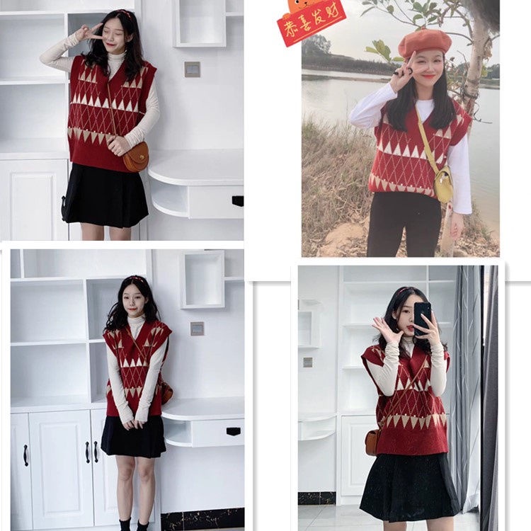 Áo khoác len cổ chữ v form rộng màu sắc tương phản phong cách vintage