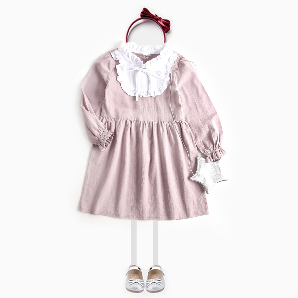 Đầm SANLUTOZ phối ren bằng cotton màu hồng cho bé gái