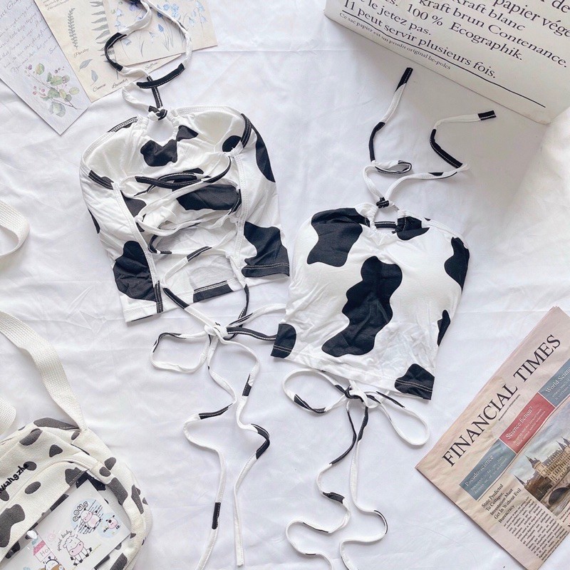 [Mã FAMARAL2 giảm 10K đơn 50K] Áo croptop kiểu yếm bò sữa đan dây lưng có mút ngực nữ | BigBuy360 - bigbuy360.vn