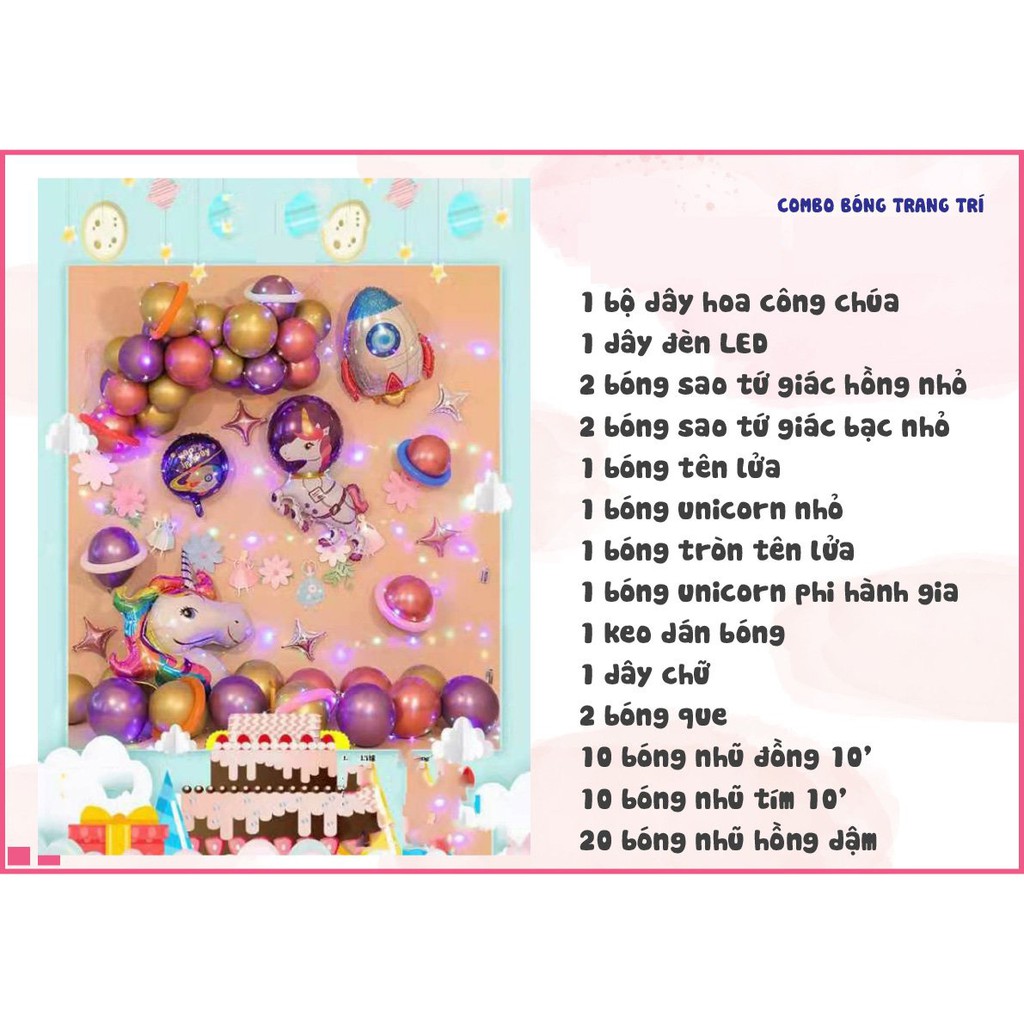 Bộ bong bóng trang trí sinh nhật chủ đề ngựa Unicorn bảy sắc màu kèm bơm