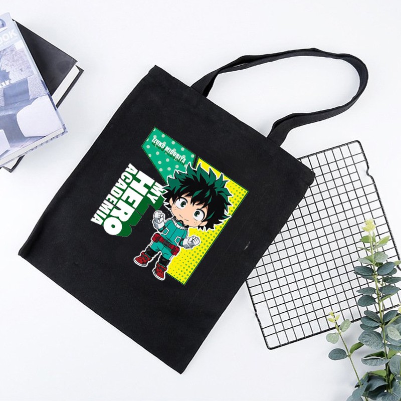 Túi tote vải đen đeo vai in hình BOKU NO HERO ACADEMIA Học Viện Anh Hùng chibi anime