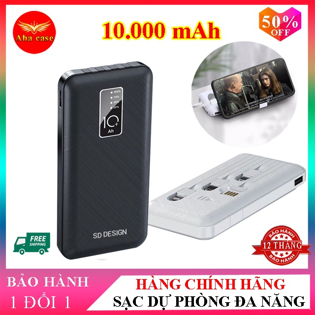 Sạc Dự Phòng SD G01 Tích Hợp 4 Cáp Sạc Micro, Lingtning, TypeC Cho Xiaomi Samsung IPhone Oppo, Pin 10.000mAh