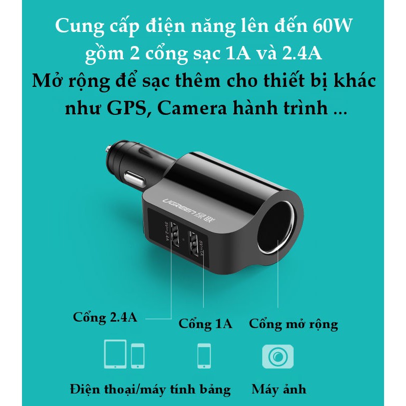 Tẩu Sạc điện thoại máy tính bảng 2 cổng USB 2.0 trên ô tô cao cấp chính hãng UGREEN 20394