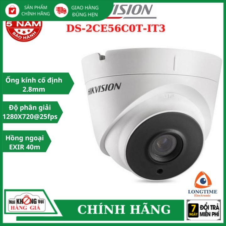 Camera HDTVI 1MP HIKVISION DS-2CE56C0T-IT3 , Chống nước IP66 , Hồng ngoại xem đêm siêu xa