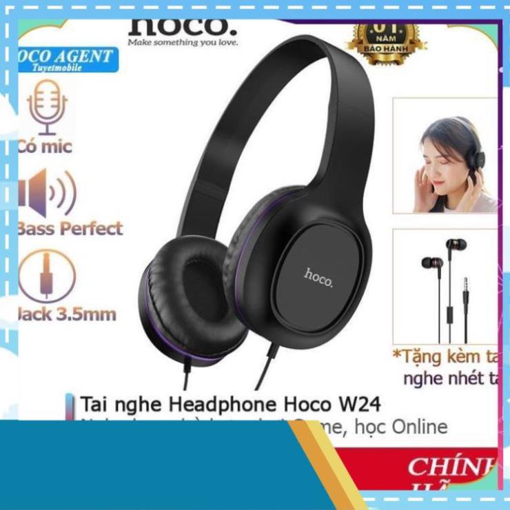 Tai nghe chụp tai Hoco W24 có dây 3.5 tặng kèm tai nghe nhét tai cho laptop pc BH12 tháng