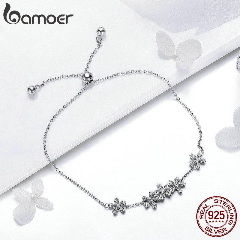 Lắc tay Bamoer bằng bạc thật 925 kiểu hoa cúc đính đá zircon xinh xắn cho nữ SCB084