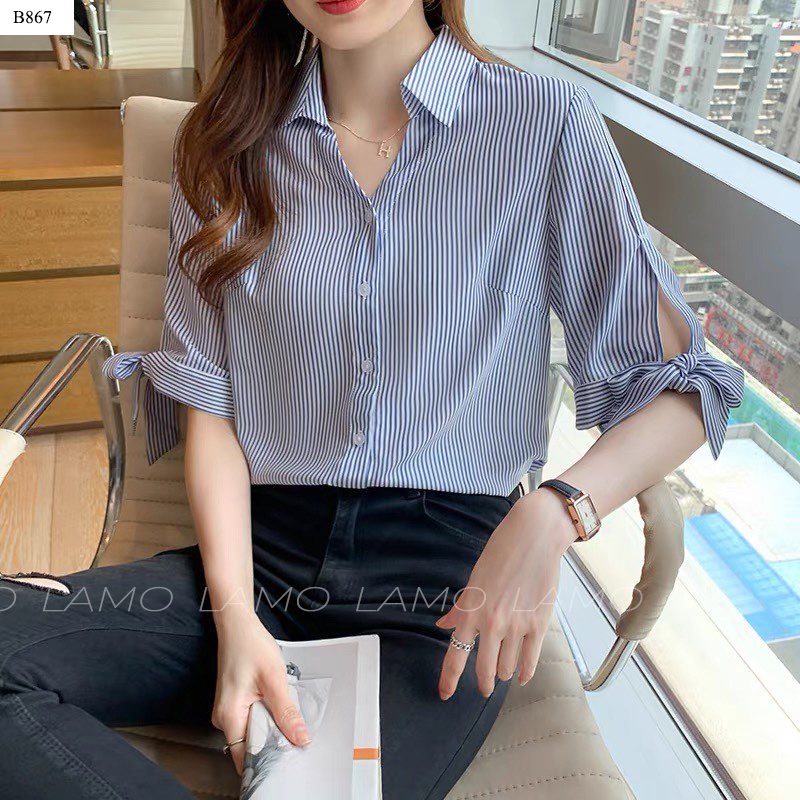 Áo nữ công sở sọc phối tay cột nơ LAMO- B867 | BigBuy360 - bigbuy360.vn