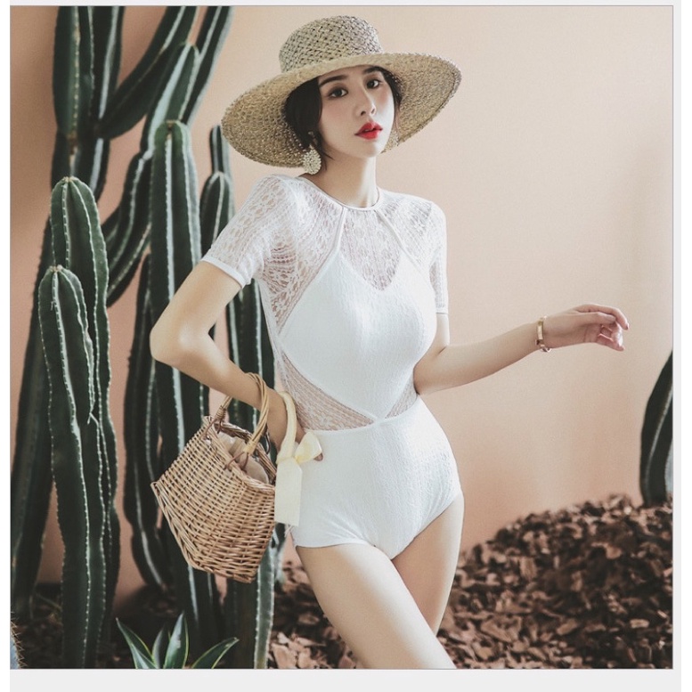 Đồ bơi nữ một mảnh hoạ tiết ren kèm khăn cuốn, áo tắm nữ liền thân với 2 màu đen và trắng, size 40-70kg