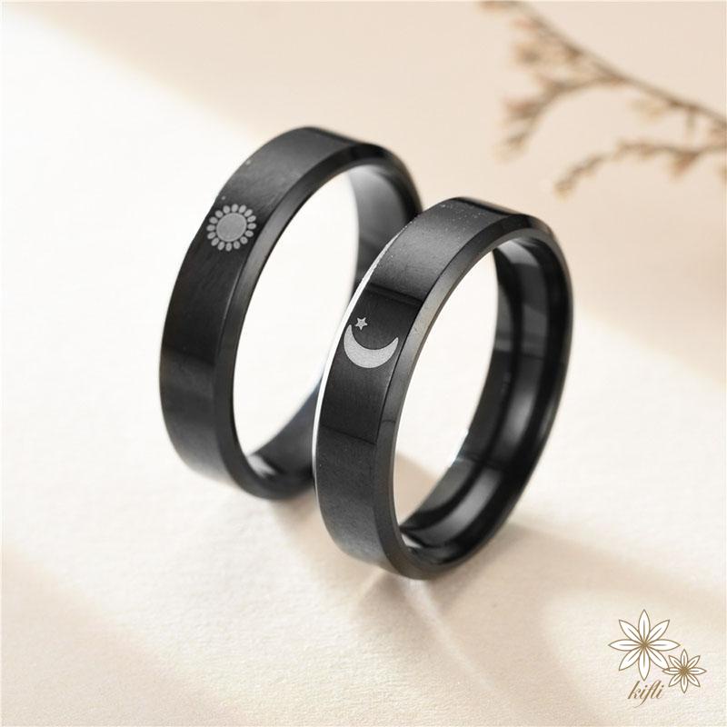 Nhẫn Thép Không Gỉ Màu Đen Họa Tiết Mặt Trăng / Mặt Trời Thời Trang Cho Cặp Đôi