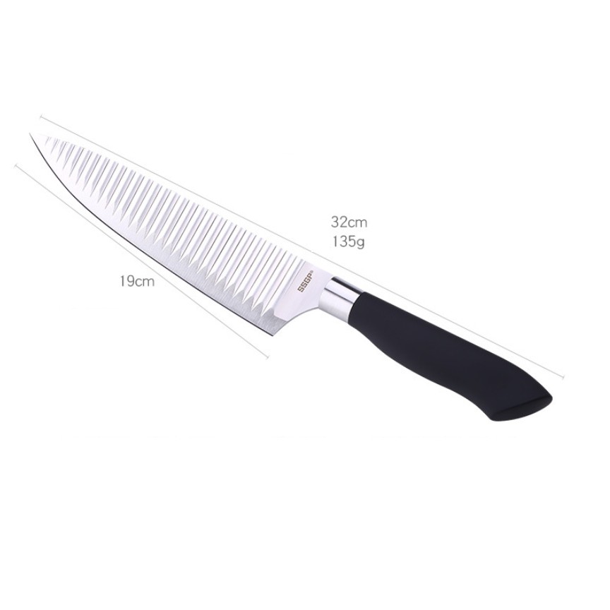 Dao inox mũi bầu lưỡi dao lượn sóng cắt thịt trái cây rau củ tay cầm nhựa đen êm ái khi sử dụng SSGP 32cm