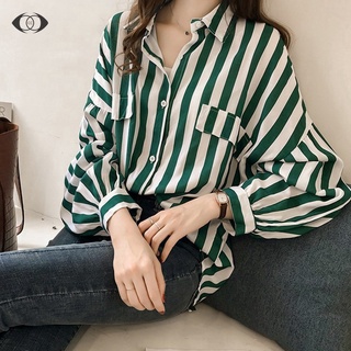 Xj-áo Sơ Mi Dài Đến Giữa Bắp Chân Dáng Rộng Tay Áo Đèn Lồng Kẻ Sọc Tương Phản Đơn Giản Thời Trang Hàn Quốc