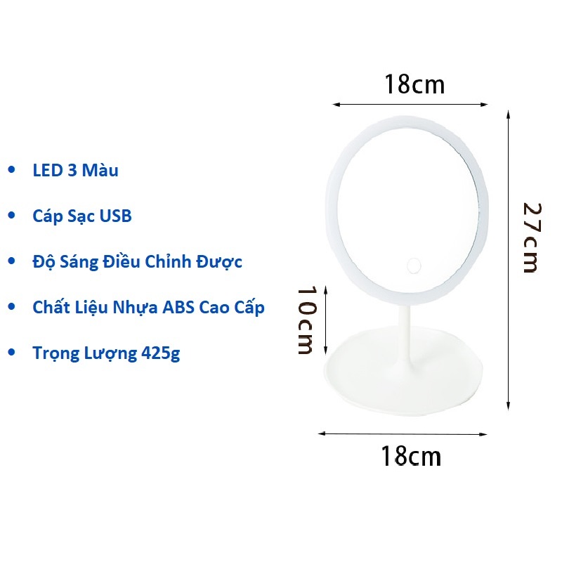 GƯƠNG TRANG ĐIỂM ĐỂ BÀN CÓ ĐÈN LED CẢM ỨNG CAO CẤP KHÔNG CẦN PIN-3 CHẾ ĐỘ ÁNH SÁNG