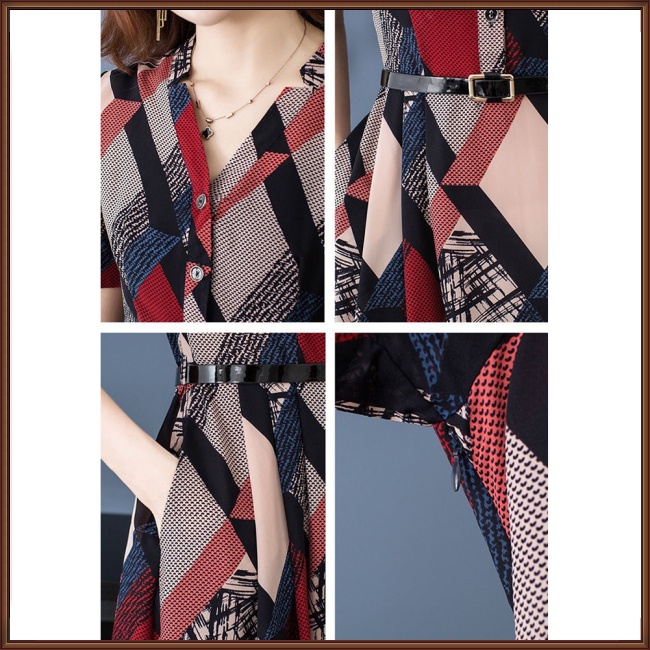 Đầm Dài Cổ Chữ V Tay Ngắn Họa Tiết Kẻ Ô Kèm Thắt Lưng Phong Cách Cổ Điển Dành Cho Nữ