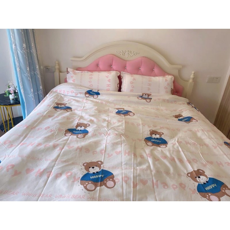 Set Chăn Ga Gấu Happy Ga Tim Hồng Cotton Poly Thoáng Mát Hàng Xuất Nhật (Shinbedding_store)