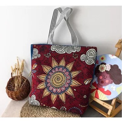 Túi tote vải canvas bao tử hoa hướng dương thổ cẩm size to vừa A4 có dây kéo