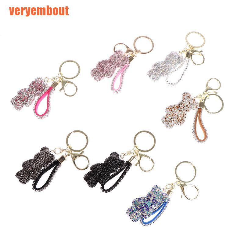 Móc Chìa Khóa Bằng Da Đính Đá Hình Gấu Đáng Yêu