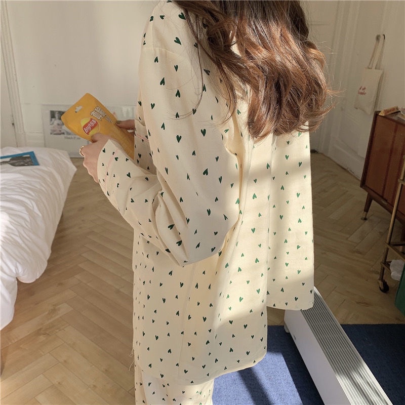 [CÓ SẴN] Đồ ngủ pijama dài tay trái tim xanh bộ ngủ Hàn Quốc ullzang dễ thương