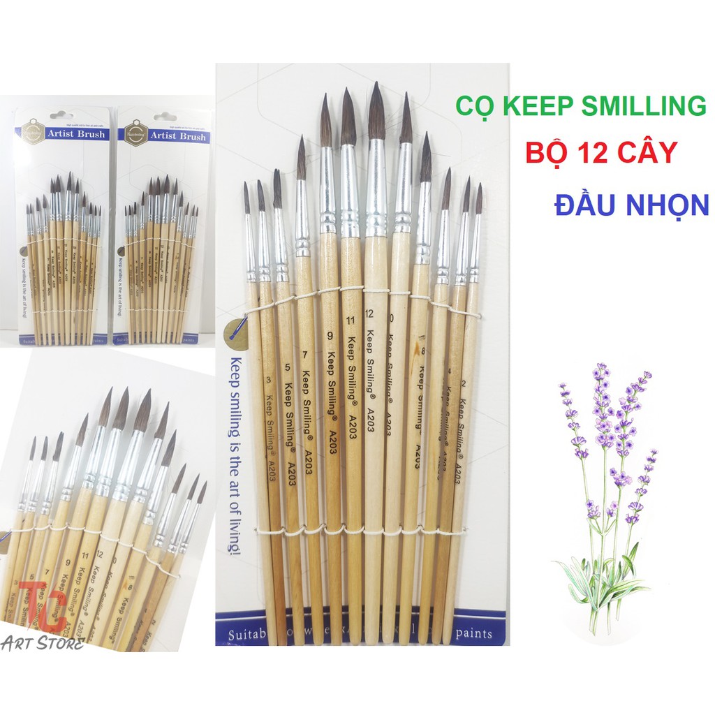 Bộ Cọ Keep Smilling A203 – 12 Cây Thân Vàng – Đầu nhọn