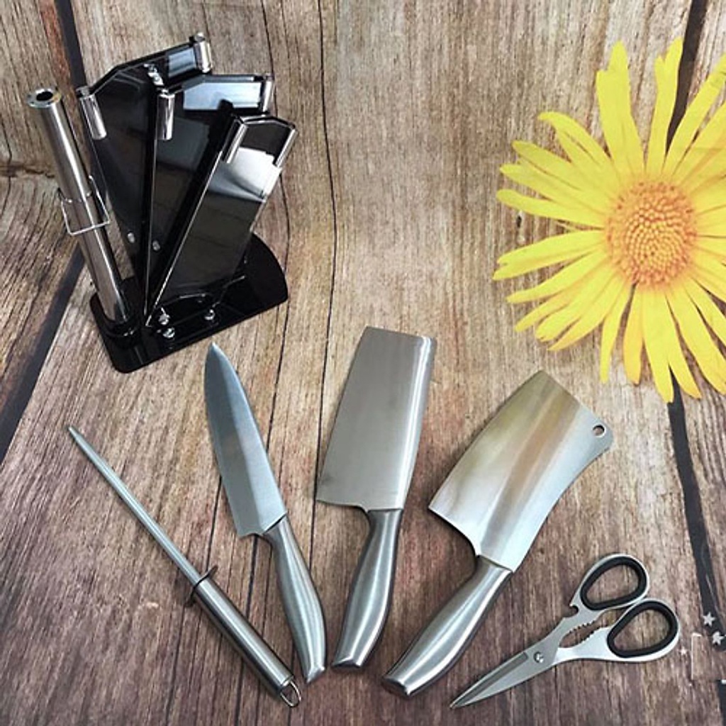 Bộ Dao Kéo Nhật Bản 5 Món Bằng Inox Đúc Nguyên Khối Cao Cấp Kháng Khuẩn Cực Tốt – Tặng Kèm Bộ Để Dao Thớt Hãng Amalife