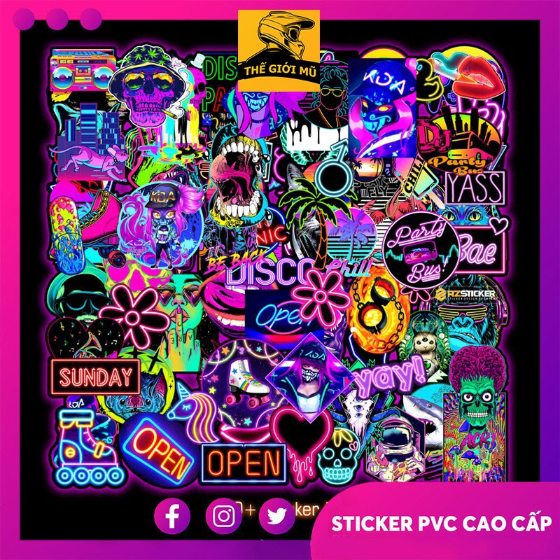 Sticker Neon dán mũ bảo hiểm, vali, laptop, sách vở PVC chống nước nhiều hình