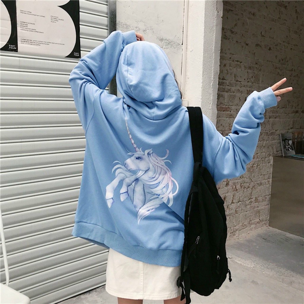 Áo khoác hoodie nỉ nữ form rộng có dây kéo 4YOUNG in ngựa