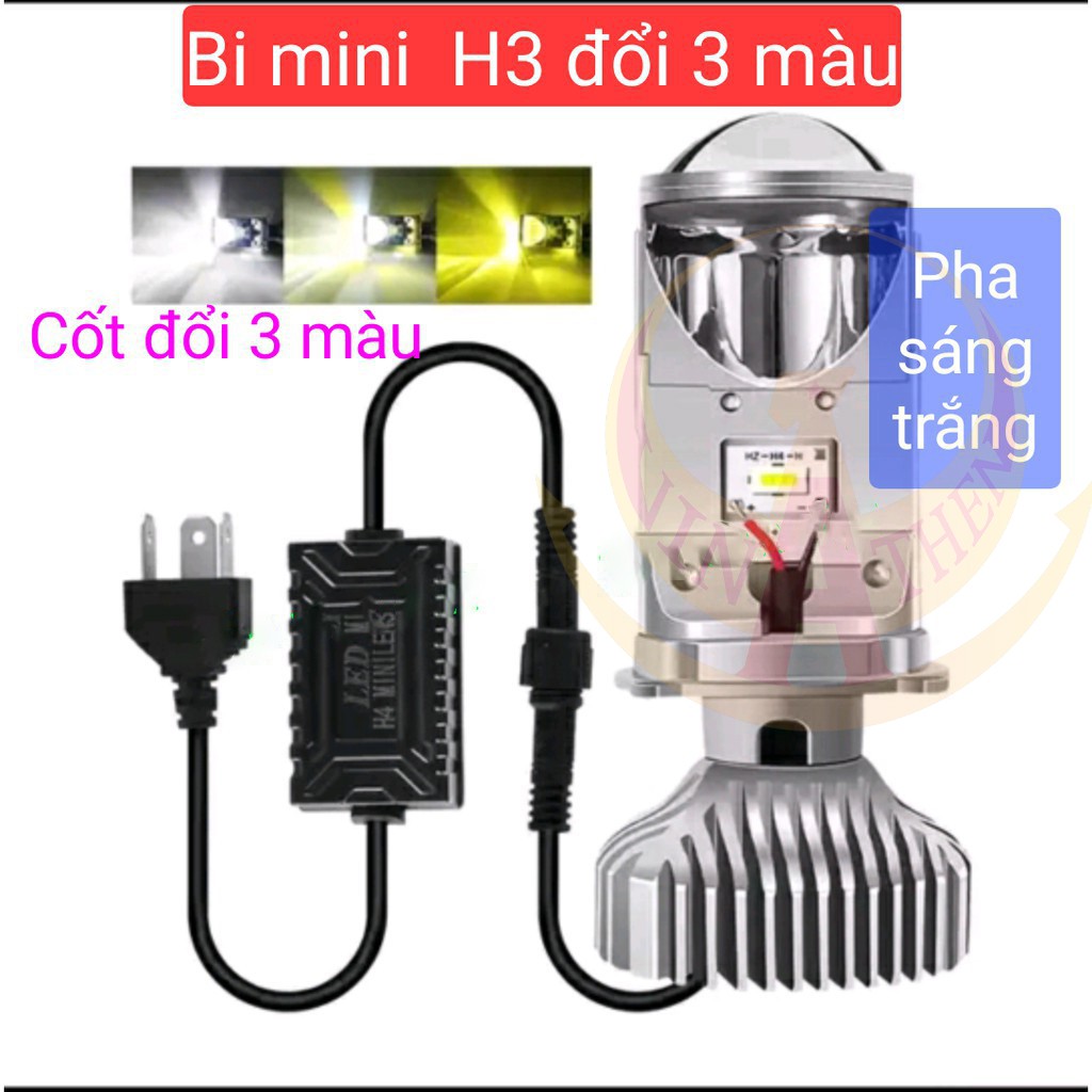 đèn pha Led Bi cầu Mini chân H4 Cốt đổi 3 màu năm 2020