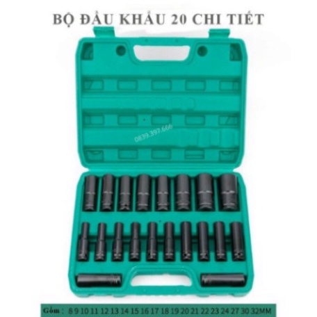 Bộ Khẩu dài 20 Món Dùng Cho Máy Siết Bulong 8mm-32mm - Hàng Cao Cấp Chống Han Rỉ Chống Vỡ