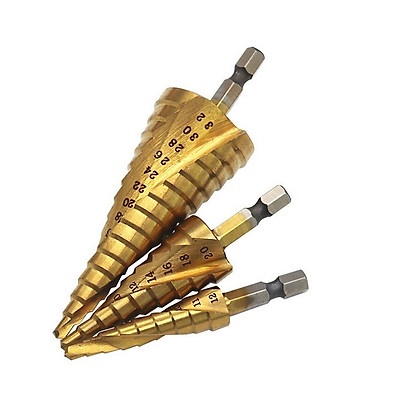 Bộ 3 Mũi Khoan Bước (Khoan Nón) Từ 4-32mm Phủ Titanium; Bộ Khoan Tháp Xoắn; Bộ 3 mũi khoan tháp xoắn ốc
