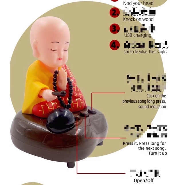 [hoả tốc 2h]Tượng chú tiểu đầu gật gù gõ mõ tụng nhạc kinh phật pin sạc USB có đèn trang trí nhà và xe ô tô pin phát 6h
