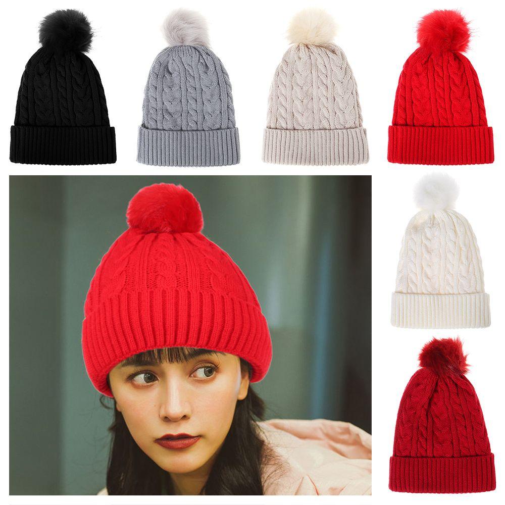 JUNE Mũ Len Trùm Đầu Phối Cục Bông Thời Trang Mùa Đông Dành Cho Nữ