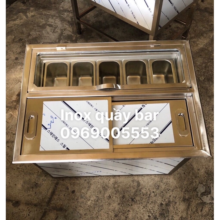 Thùng đá, tủ đá inox kết hợp 5 khay topping 61x45x40
